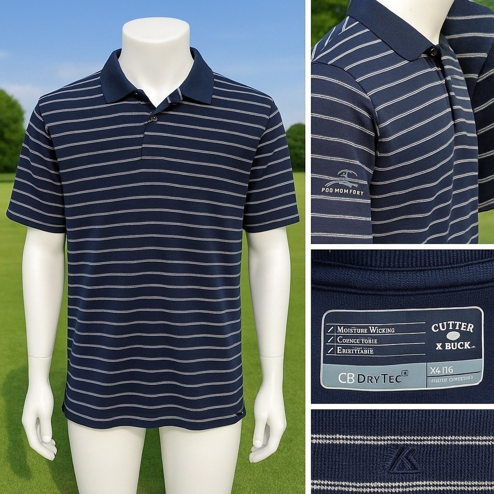 Cutter & Buck CB DryTec Polo Shirt XL Blue White‎ Stripe Promontory Golf Casual
